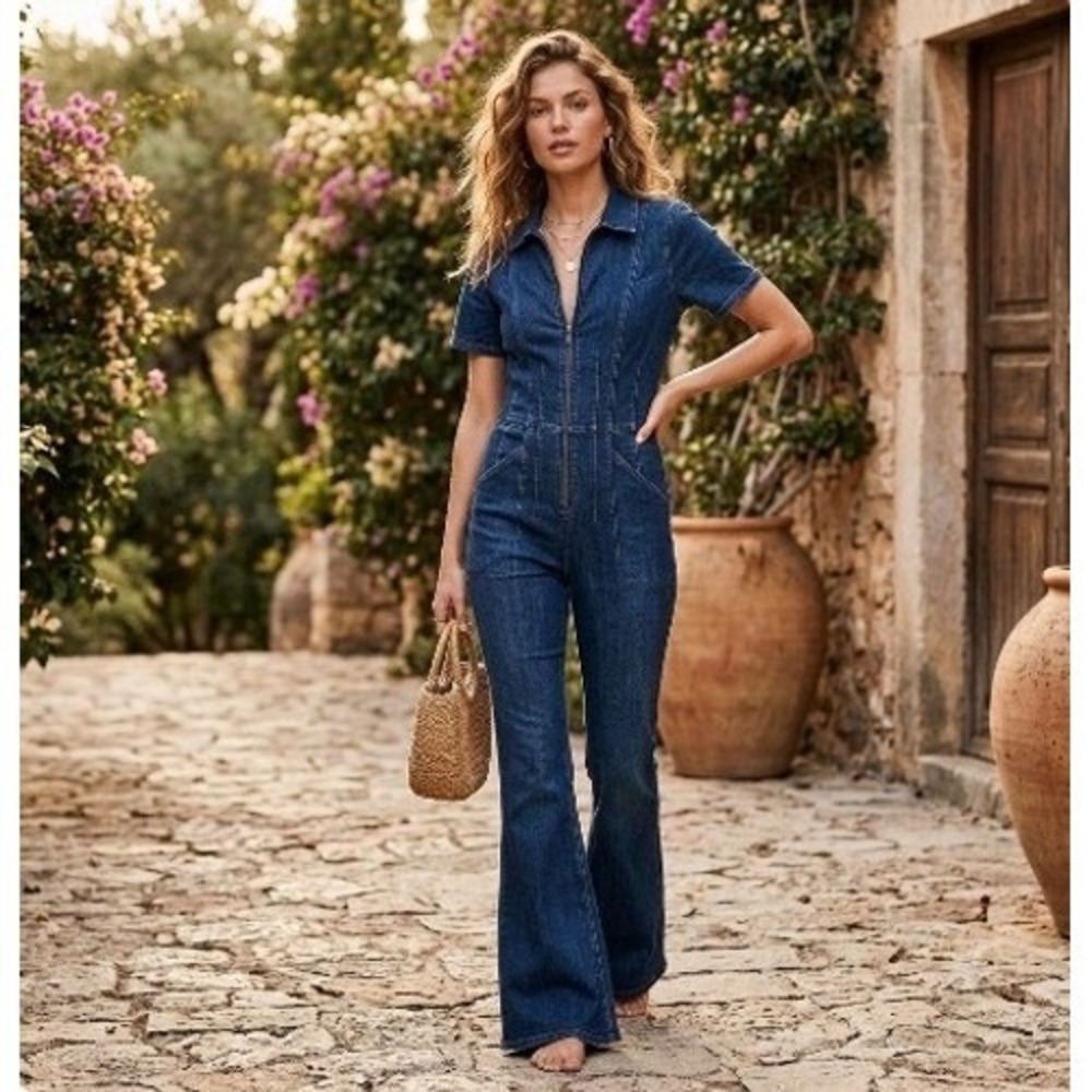 We The Free People Jayde Flare Jean Jumpsuit XL Night Sky OB1607444 NWT